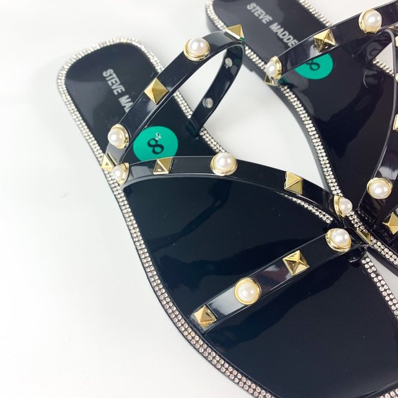 NEW Steve Madden jellah black gold stud pearl detail square toe sandal 8 - Picture 2 of 6